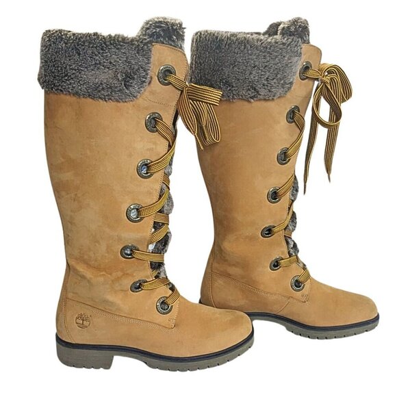 Vtg Y2K TIMBERLAND Mirney 91335 Wheat Faux Fur Wide Lace Knee High Boots Sz 8.5 - Picture 1 of 10